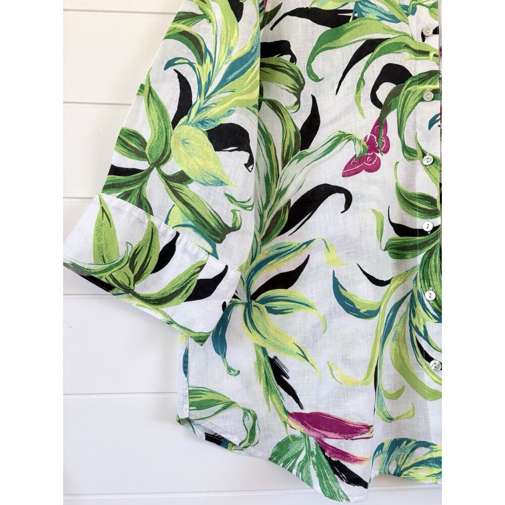 Chicos Linen Tropical Floral Button Up Blouse No Iron Size 16 (3) White Green - Picture 5 of 13